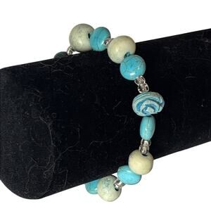 Turquoise Green Color and Silver Stretch Acrylic Beaded Bracelet